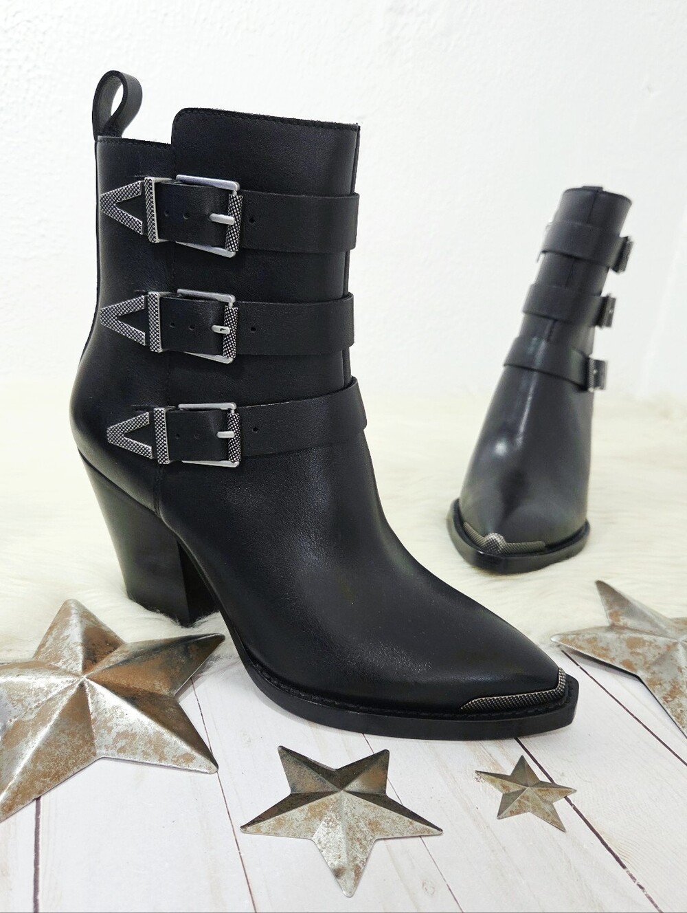 ASH Edwin Triple Buckle Zip Bootie black leather moto ankle boots women's 37